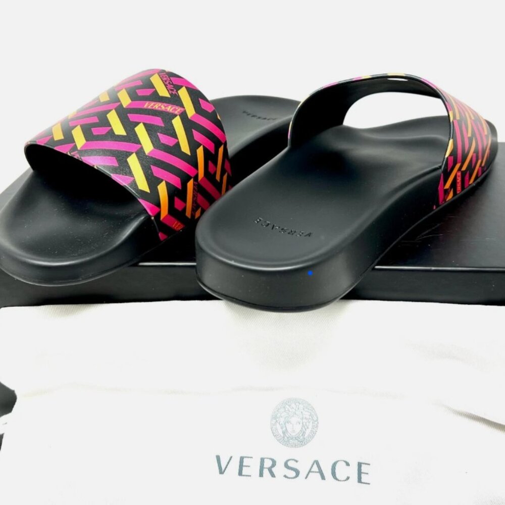 VERSACE Pool Slides Gomma St. La Greca Size 9 Tangerine & Magenta Men's Slides